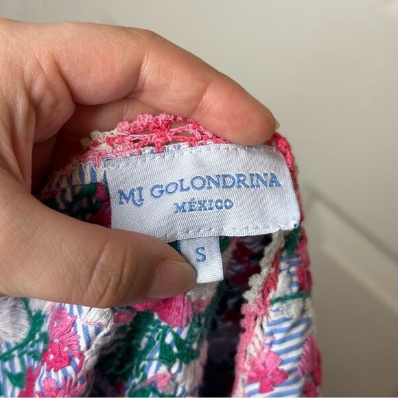 MI GOLONDRINA Blue White Striped Floral Embroidered Soledad Blouse Sz S Bohemian - Picture 7 of 9